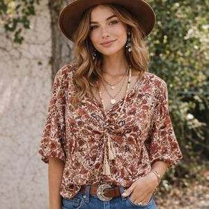 Sam Edelman Floral Boho Peasant Top Size L Fall Cottagecore